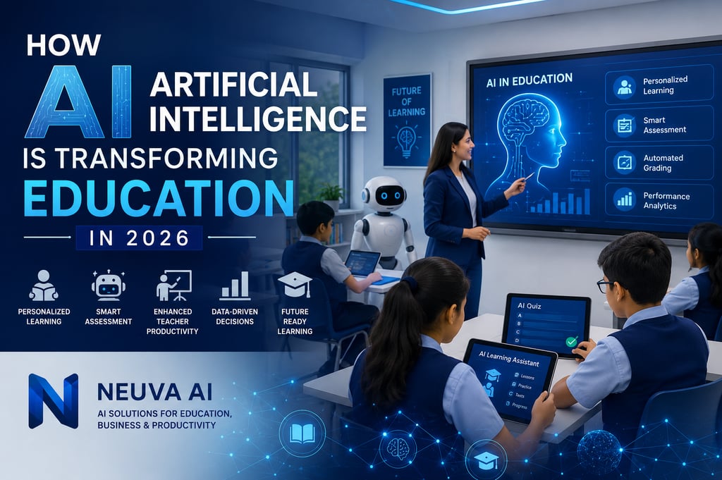 A classroom showcasing AI in education with a teacher, student tablets, and a robot assistant.