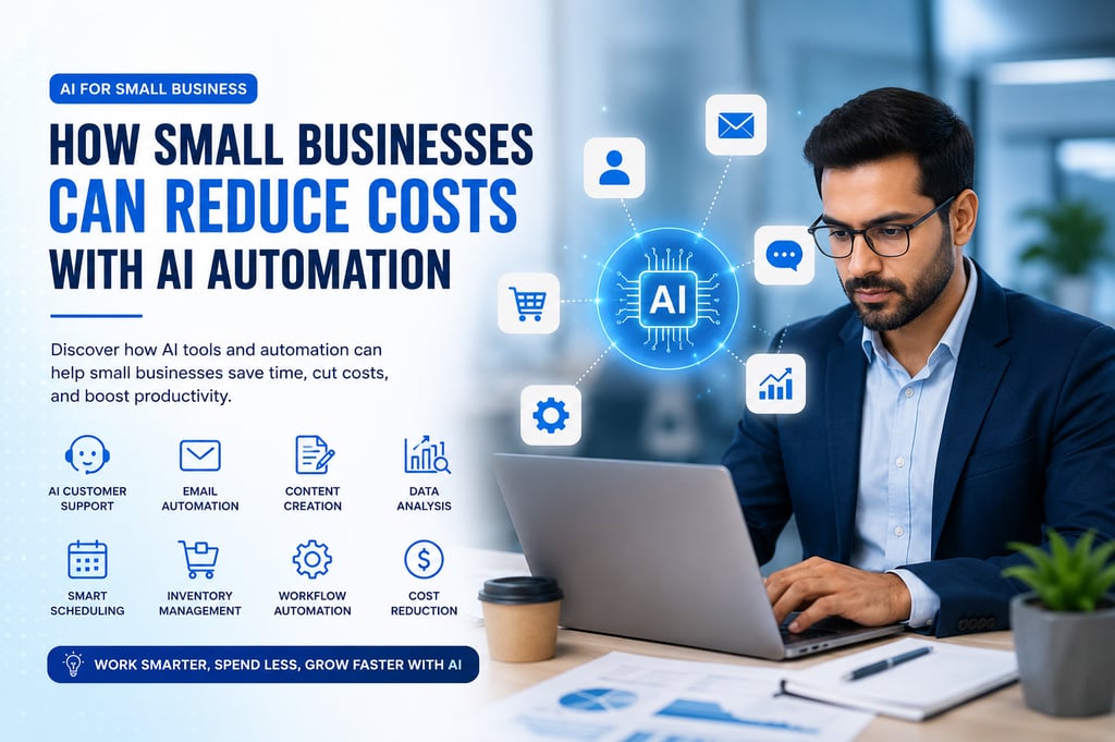 A businessman using a laptop to explore how AI automation and tools can help small businesses reduce costs.