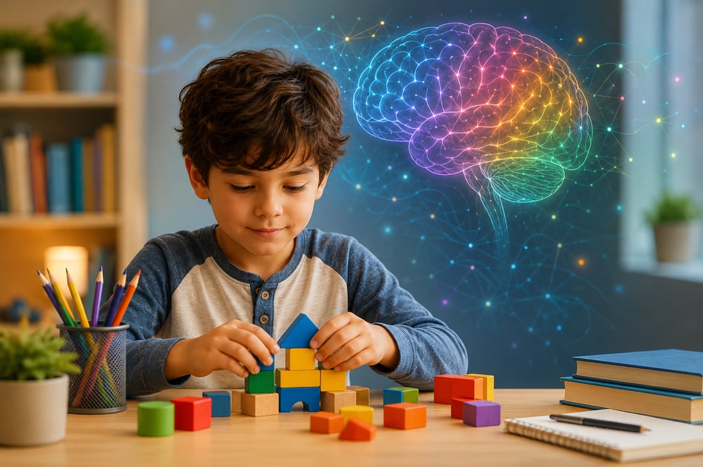 Child engaged in focused play symbolizing ADHD, emotional regulation, executive functioning, brain d