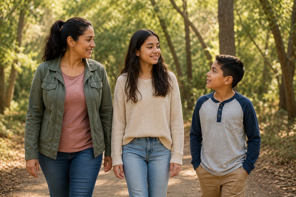 Hispanic parent and children walking together outdoors, representing family connection,