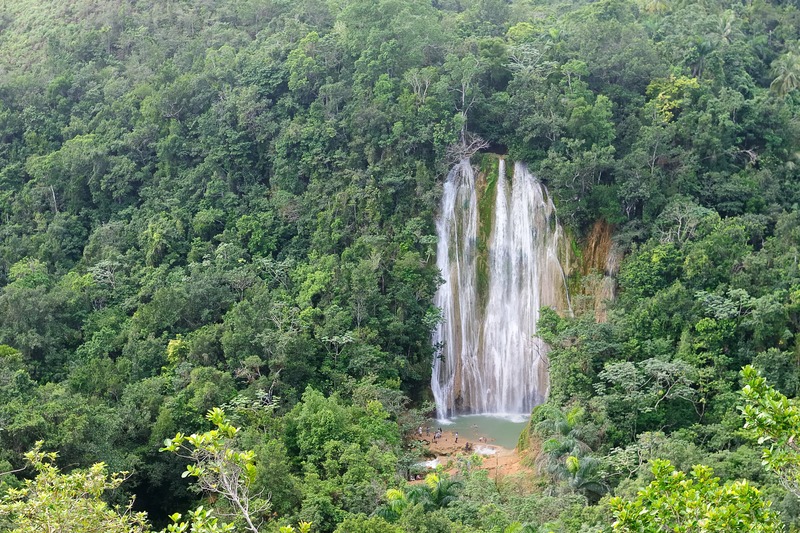 Aerial view of El Limón Waterfall surrounded by dense jungle on the Samaná Peninsula, Dominican Republic