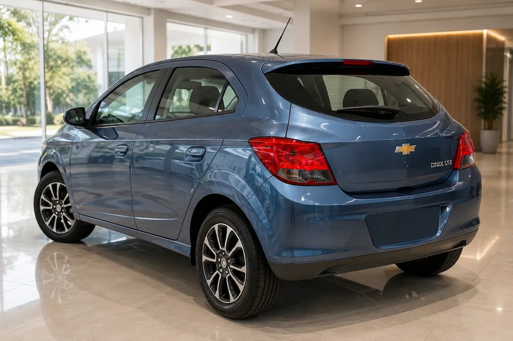 Chevrolet Onix LTZ azul visto pela traseira em showroom moderno e iluminado