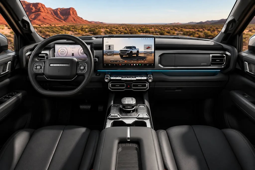 Interior da Chery Stockman com painel digital, central multimídia e acabamento premium