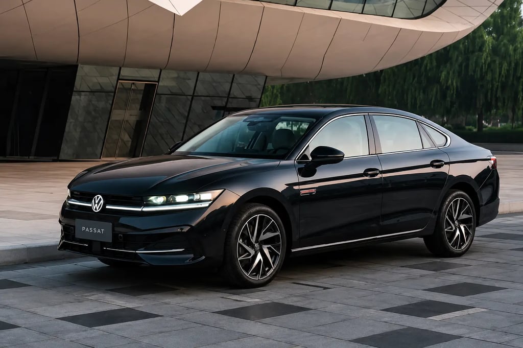Novo Volkswagen Passat Sedan estacionado em frente a prédio moderno.