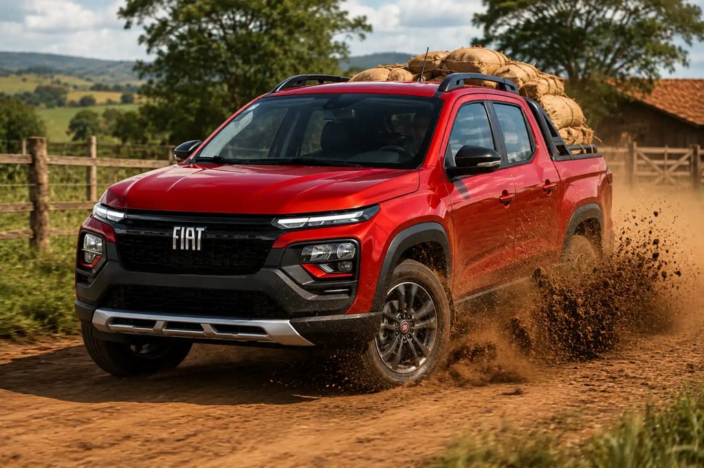 Projeção da nova Fiat Strada híbrida vermelha em estrada rural com carga na caçamba