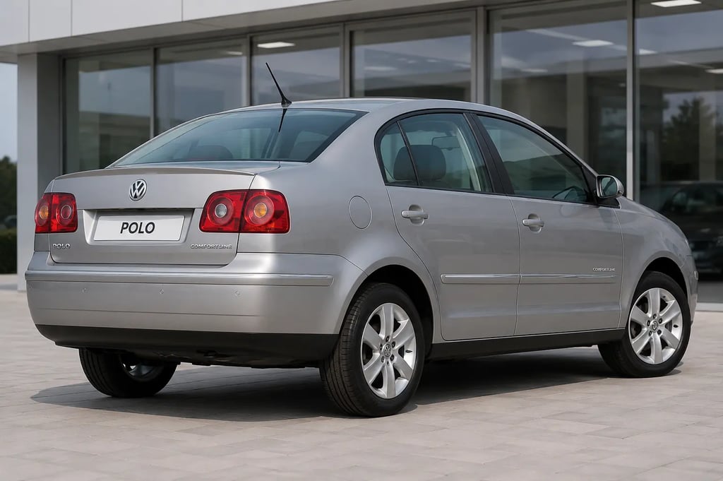 Traseira do Volkswagen Polo Sedan em showroom externo com placa escrita POLO