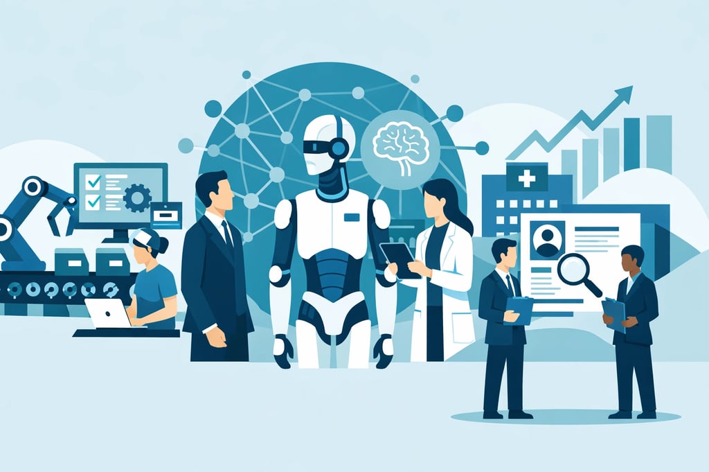 A professional digital graphic showing a human hand reaching toward a holographic interface represen