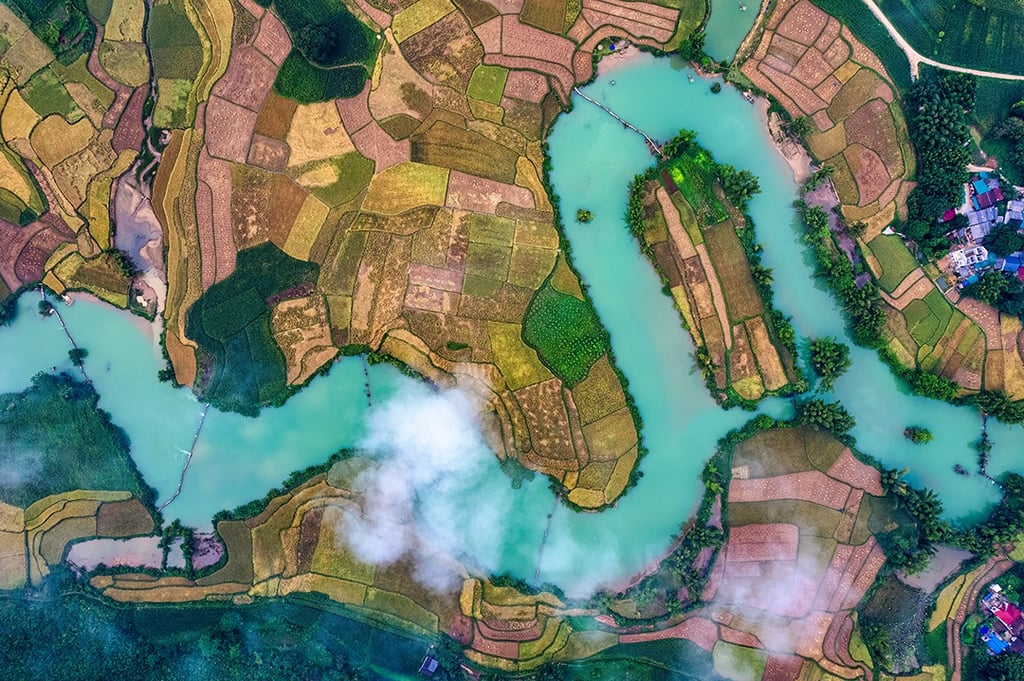 farmlands along a river from above