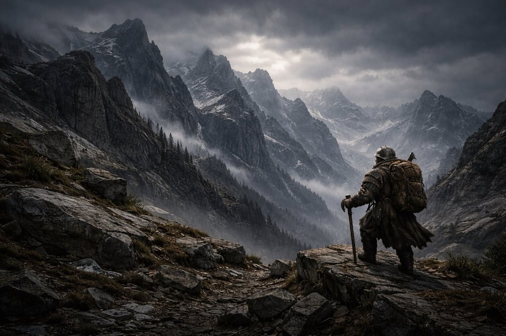 Dwarf scout overlooking Evareach Mountains