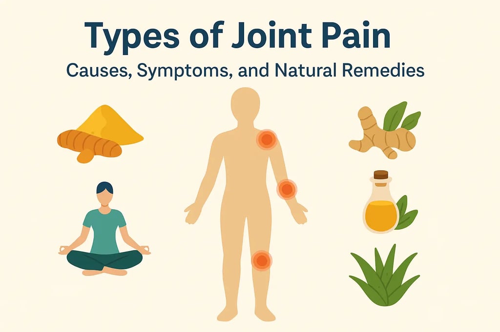 Human body highlighting joint pain areas with natural remedies like turmeric, ginger, aloe vera etc.