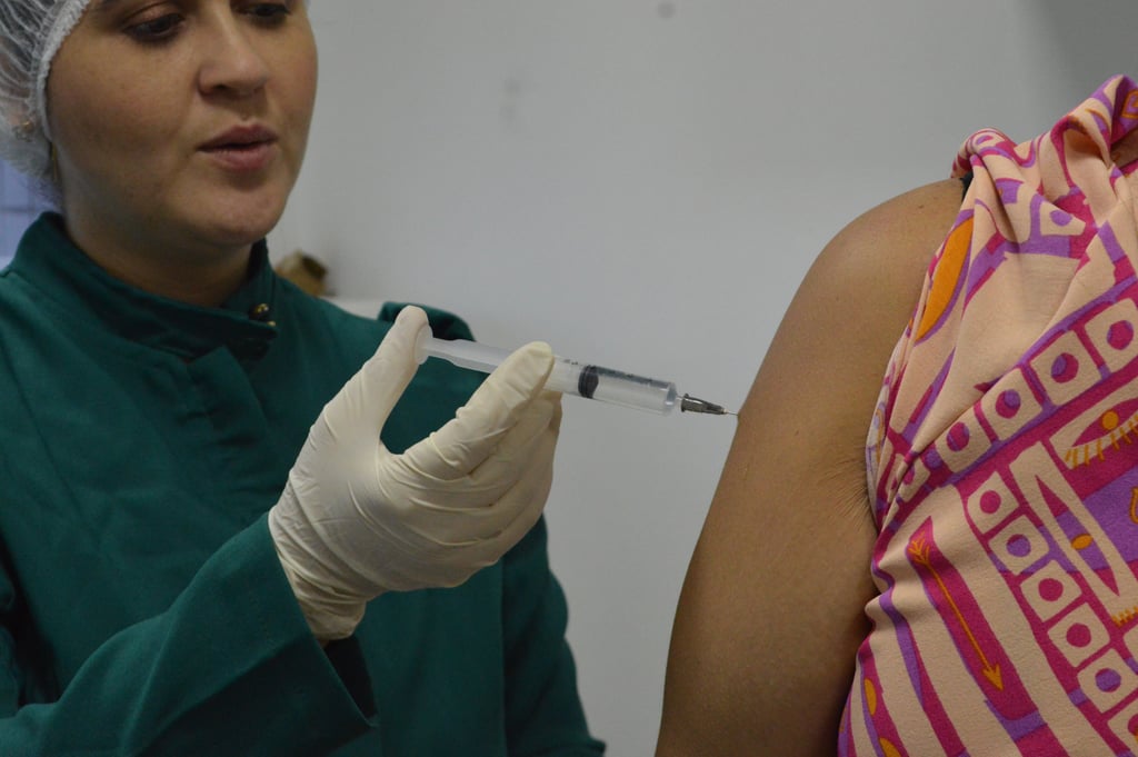 Professora farmacêutica ensinando a técnica para aplicação de injetáveis pela via intramuscular.