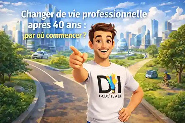 Illustration 3D style Pixar de Dam souriant à un carrefour futuriste, symbole de reconversion professionnelle après 40 ans