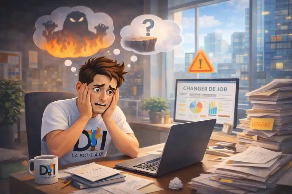 Dam au bureau à midi, paniqué à l’idée de changer de job, pensées de danger et doute, reconversion professionnelle.