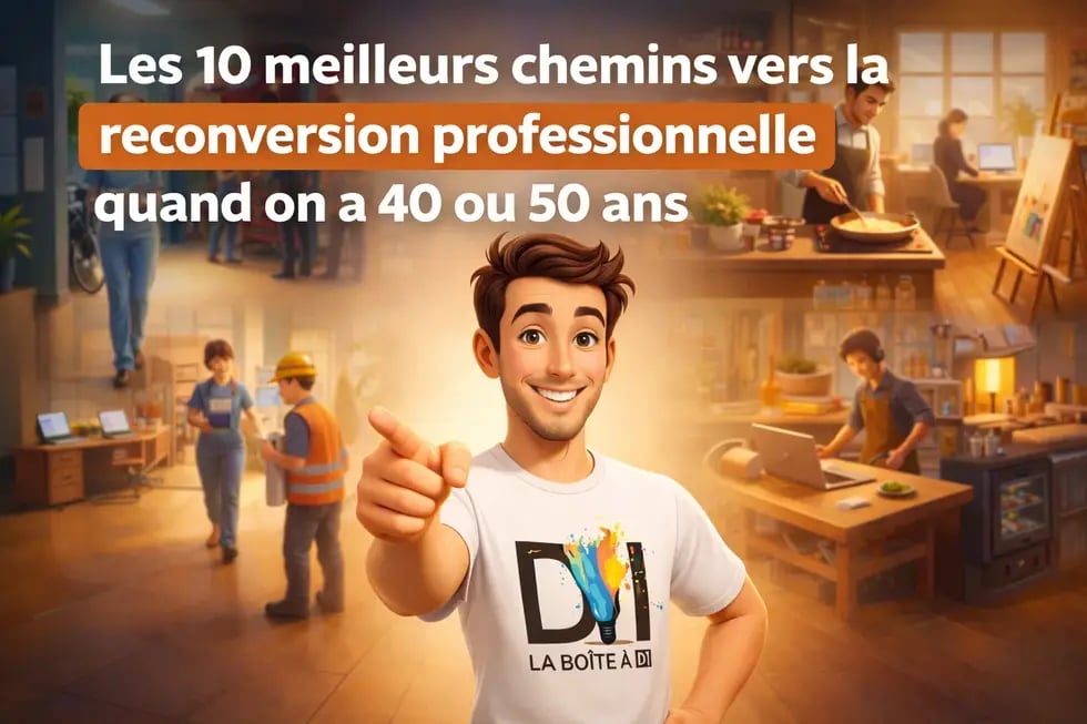 Illustration 3D de Dam présentant les 10 meilleurs chemins vers la reconversion professionnelle après 40 ou 50 ans