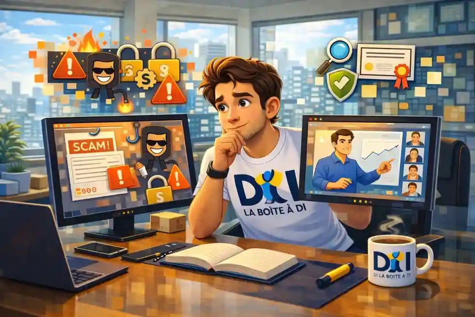 Dam compare arnaque et formation sérieuse sur deux écrans, pictos alerte et sécurité, bureau futuriste à midi.