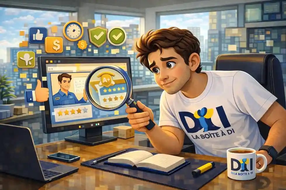 Dam analyse une formation avant d’investir, loupe sur avis et notes, bureau futuriste à midi, mug La Boîte à DI.