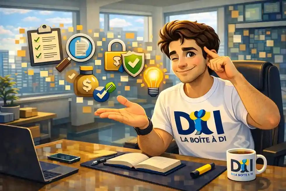 Dam fait un geste “mémo” au bureau futuriste à midi, icônes checklist et sécurité, invite à retenir la méthode anti-arnaque.