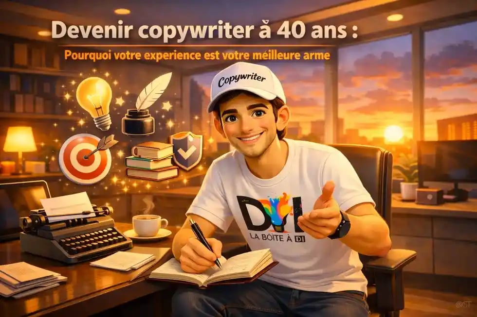 Dam devient copywriter à 40 ans dans un bureau moderne au coucher de soleil, expérience et reconversion digitale