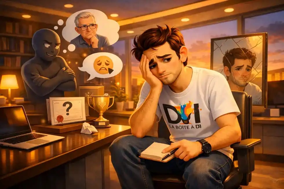 Dam doute de lui dans son bureau moderne au coucher de soleil, syndrome de l’imposteur et reconversion digitale