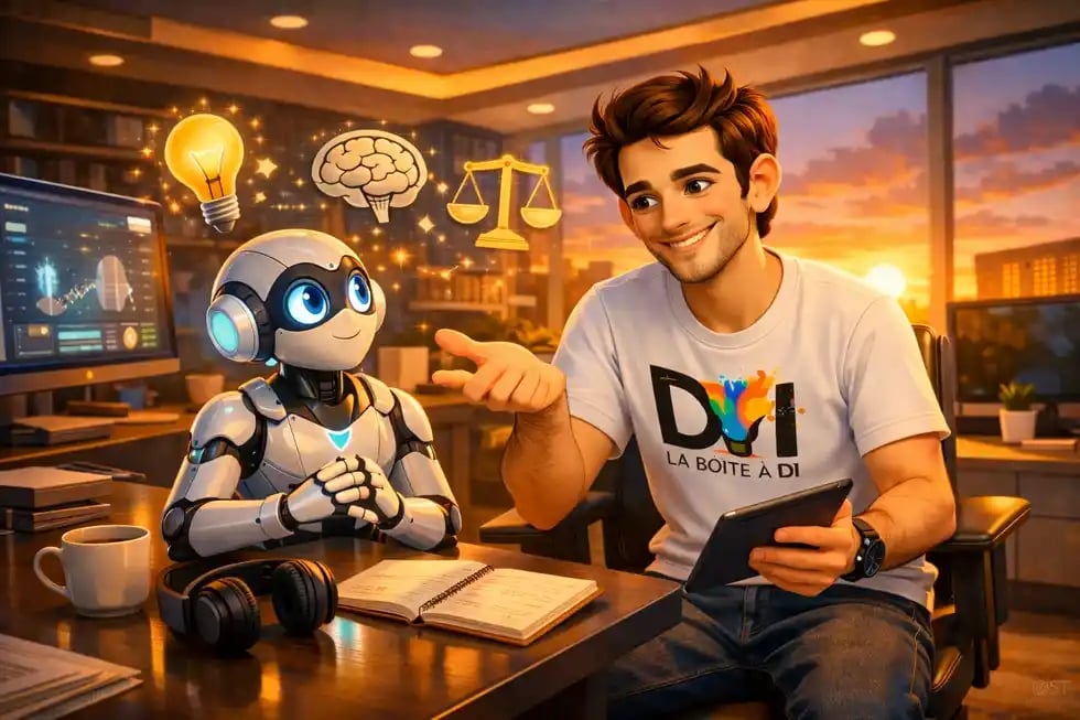 Dam apprivoise l’IA dans un bureau moderne au coucher de soleil, formation digitale et technologie au service du jugement