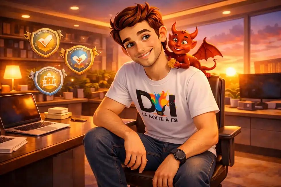 Dam affiche ses avantages seniors avec sourire malicieux et petit diable, bureau moderne au coucher de soleil