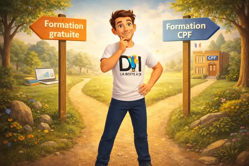 Illustration 3D de Dam face à deux chemins pour se former au SEO, entre formation gratuite et formation CPF