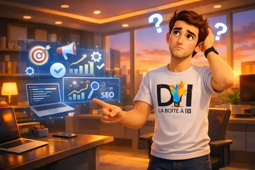 Dam s’interroge sur l’apprentissage du marketing digital dans un bureau moderne au coucher de soleil, SEO et reconversion