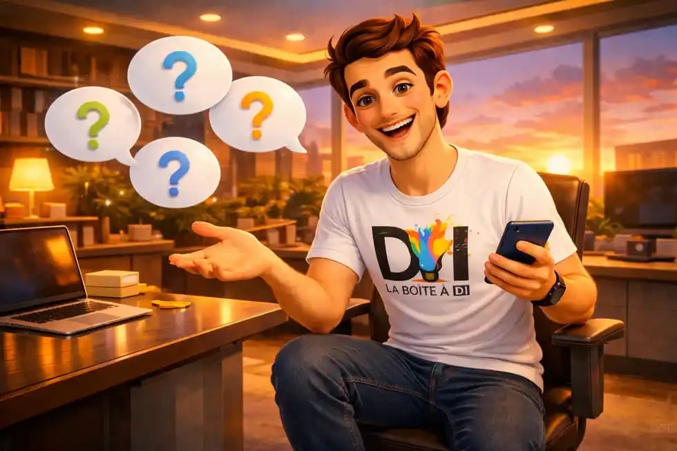 Dam répond aux questions sur la reconversion digitale dans un bureau moderne au coucher de soleil, FAQ marketing digital