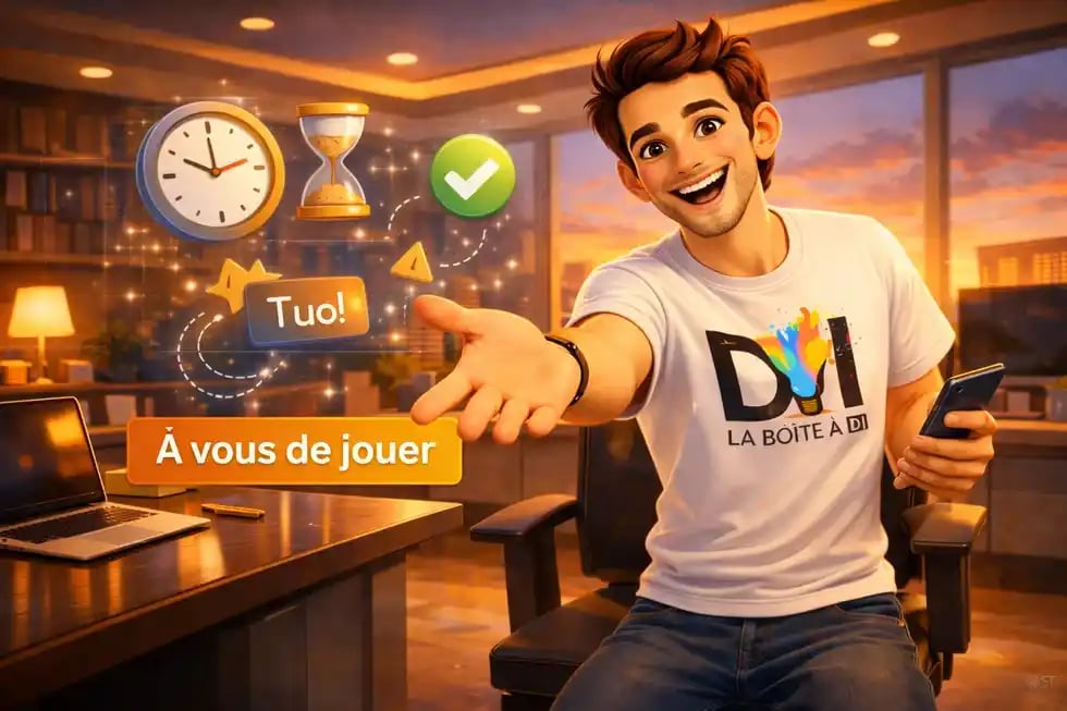 Dam motive à passer à l’action en marketing digital, bureau moderne au coucher de soleil style animation 3D