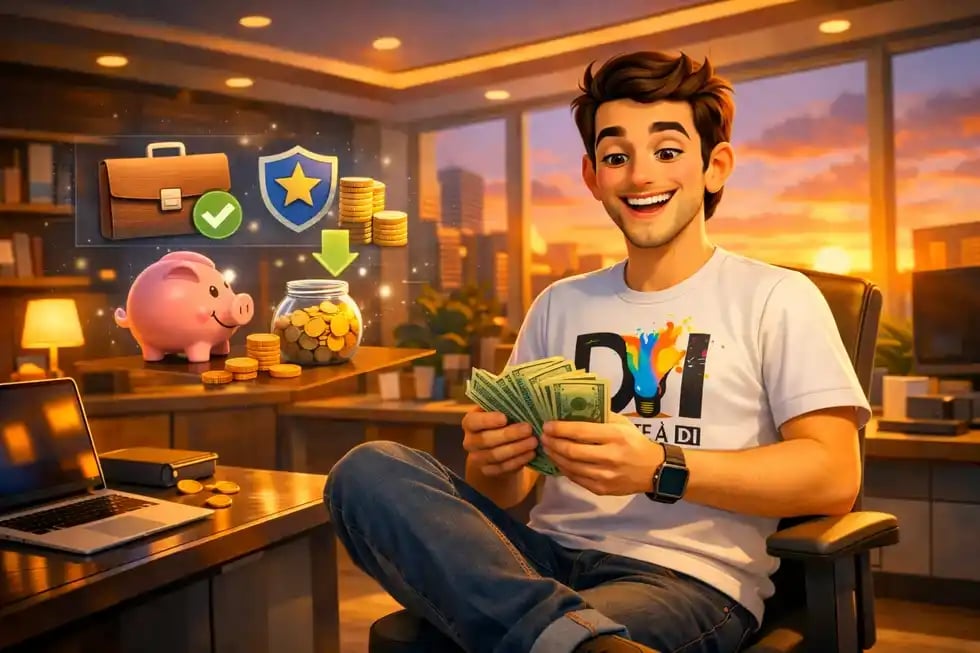 Dam finance sa reconversion digitale sans toucher à ses économies, bureau moderne au coucher de soleil