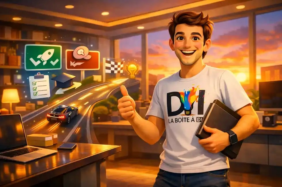 Dam valide son parcours de formation digital au coucher de soleil, reconversion et SEO dans bureau moderne