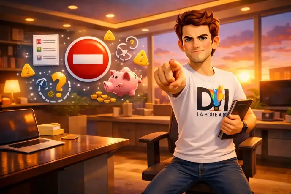 Dam déterminé à éviter les erreurs de reconversion digitale, bureau moderne au coucher de soleil et symboles d’alerte