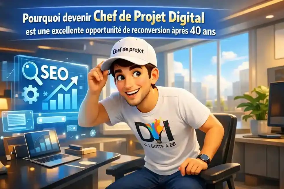Dam découvre le SEO dans un bureau moderne, reconversion Chef de Projet Digital après 40 ans