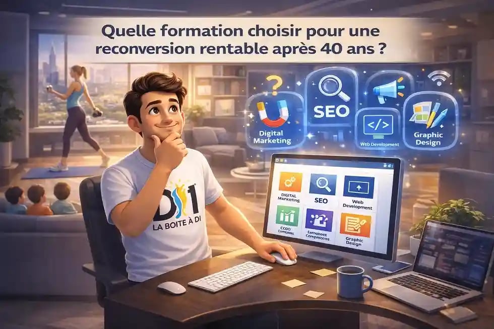 Illustration 3D de Dam cherchant quelle formation choisir pour une reconversion rentable après 40 ans dans le numérique
