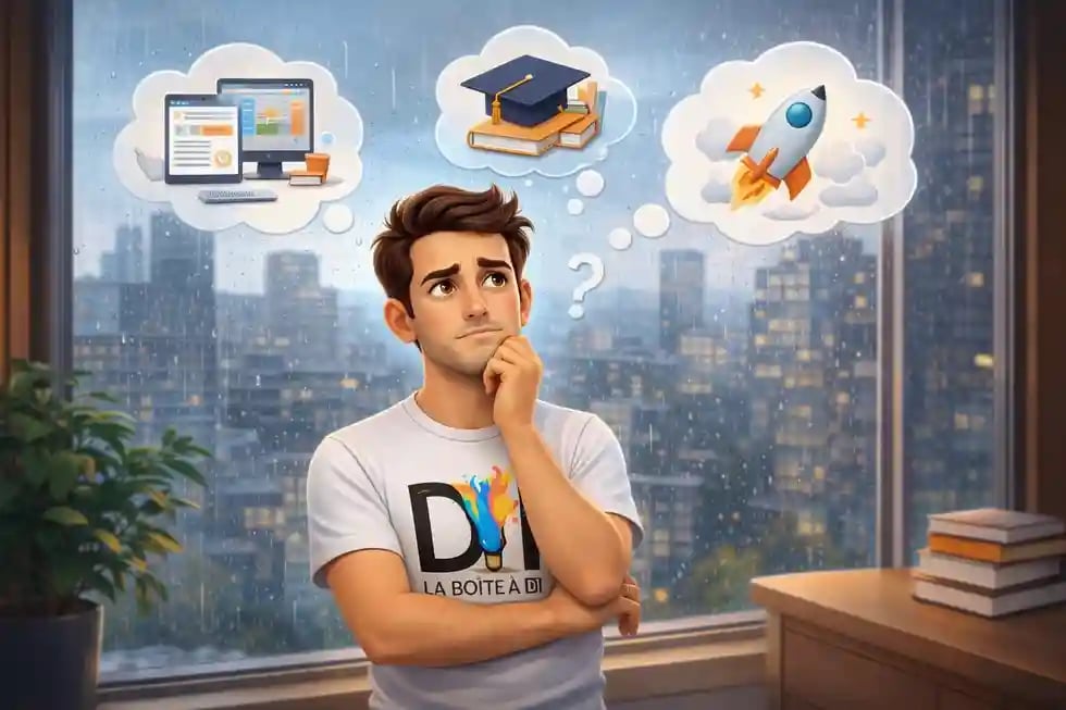 Dam hésite sur la formation à choisir : pluie à midi, bureau moderne, pictogrammes de parcours, curieux d’apprendre le SEO.