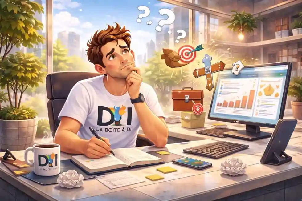 Dam réfléchit à son avenir pro à midi dans un bureau futuriste, doute sur sa reconversion après 40 ans, SEO.