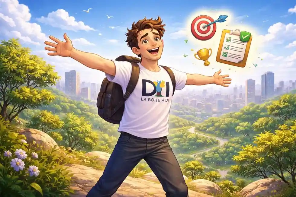 Dam au sommet d’une colline à midi, libre et heureux, symboles de réussite, points clés à retenir pour sa reconversion.