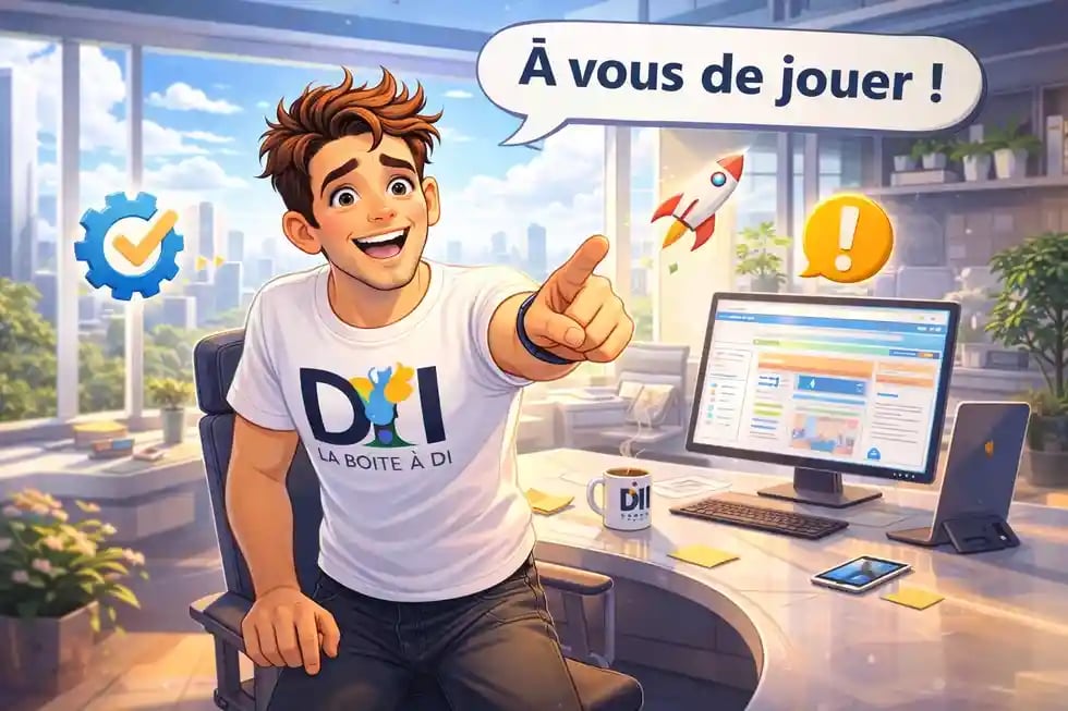 Dam dans son bureau futuriste à midi, souriant et motivant, bulle “À vous de jouer !”, prêt à passer à l’action.
