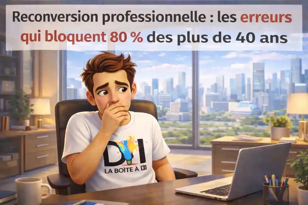 Illustration de Dam inquiet dans un bureau futuriste, illustrant les erreurs qui bloquent la reconversion après 40 ans