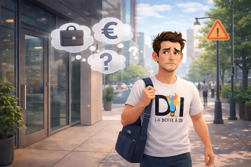 Dam sort de son bureau à midi, mal à l’aise et pensif, bulles d’interrogations, signal d’alerte après 40 ans.