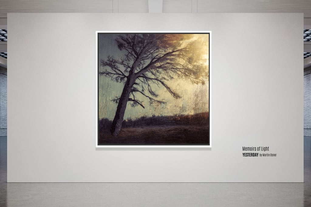 Large painting of a tree with the sun setting behind it, displayed in a large modern gallery.