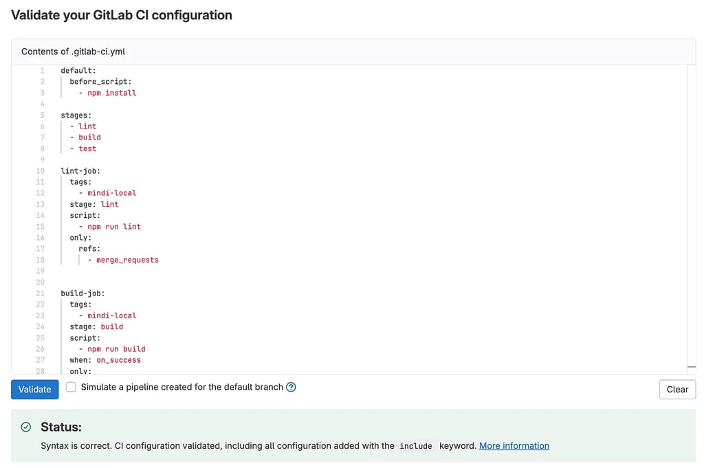 GitLab screenshot of the CI lint tool.