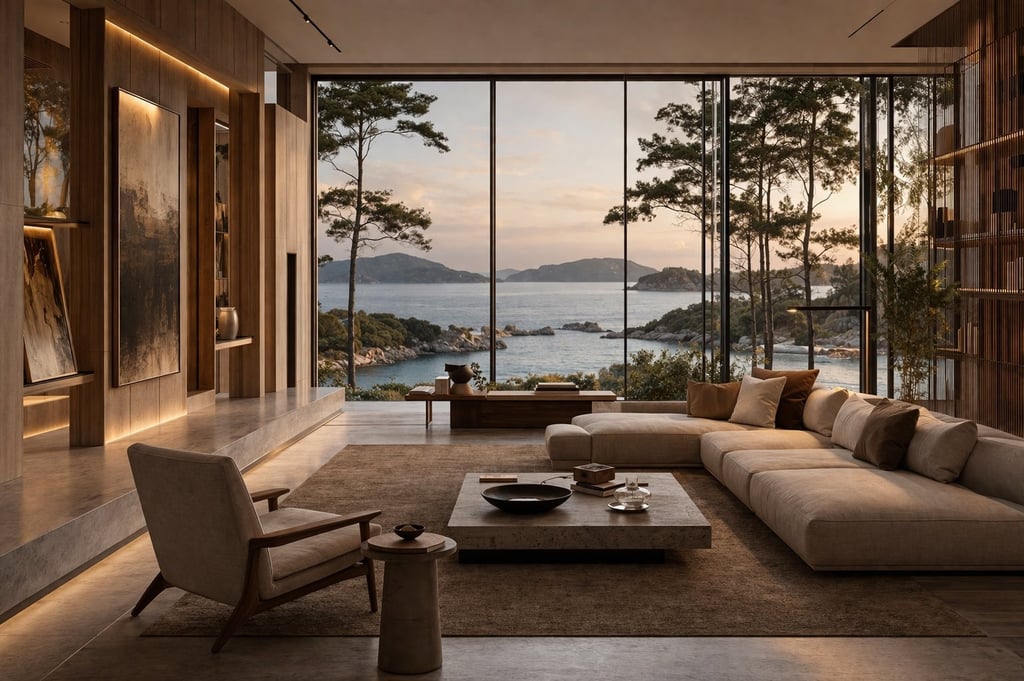 Modern luxury living room with ocean view and large windows.