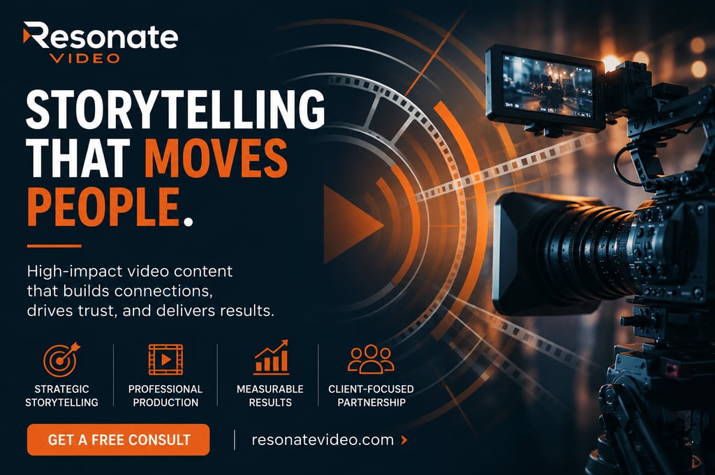 Professional video production services banner featuring a cinema camera and storytelling marketing text.