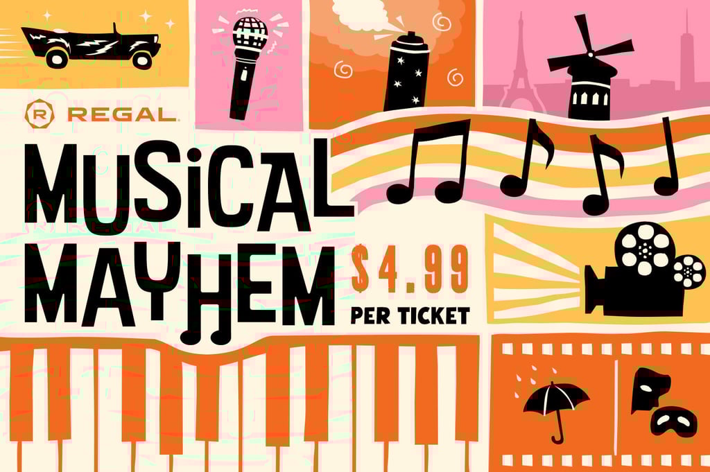 Regal Musical Mayhem promotional graphic featuring icons of a car, microphone, and piano keys.
