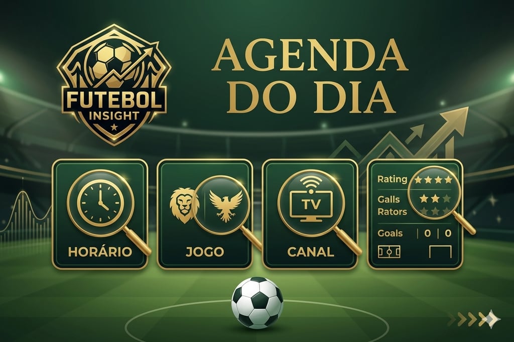 Banner de agenda do dia do portal Futebol Insight com claquete, horários de jogos e logotipo dourado sobre fundo de estádio.