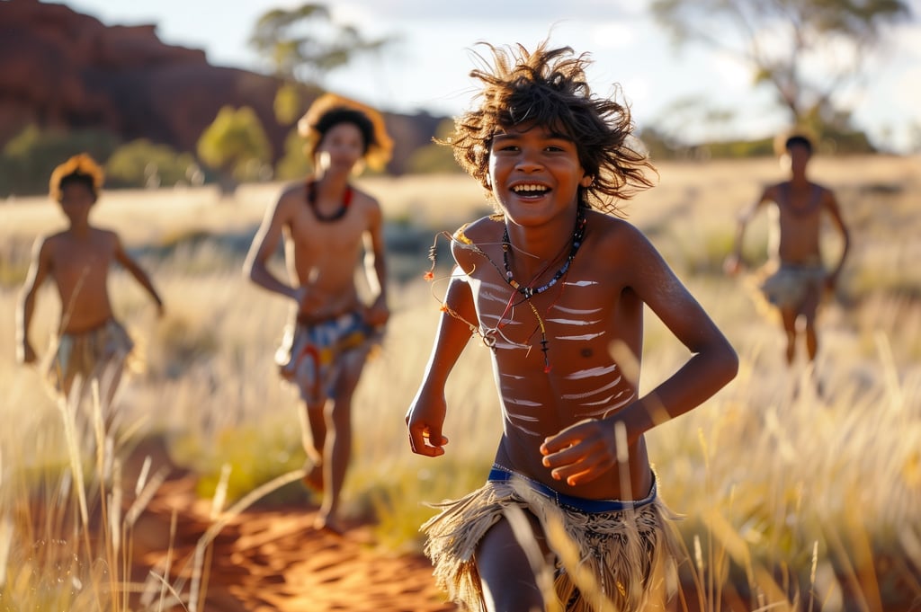 Happy young Australian Aboriginal children running and playing in the bush
