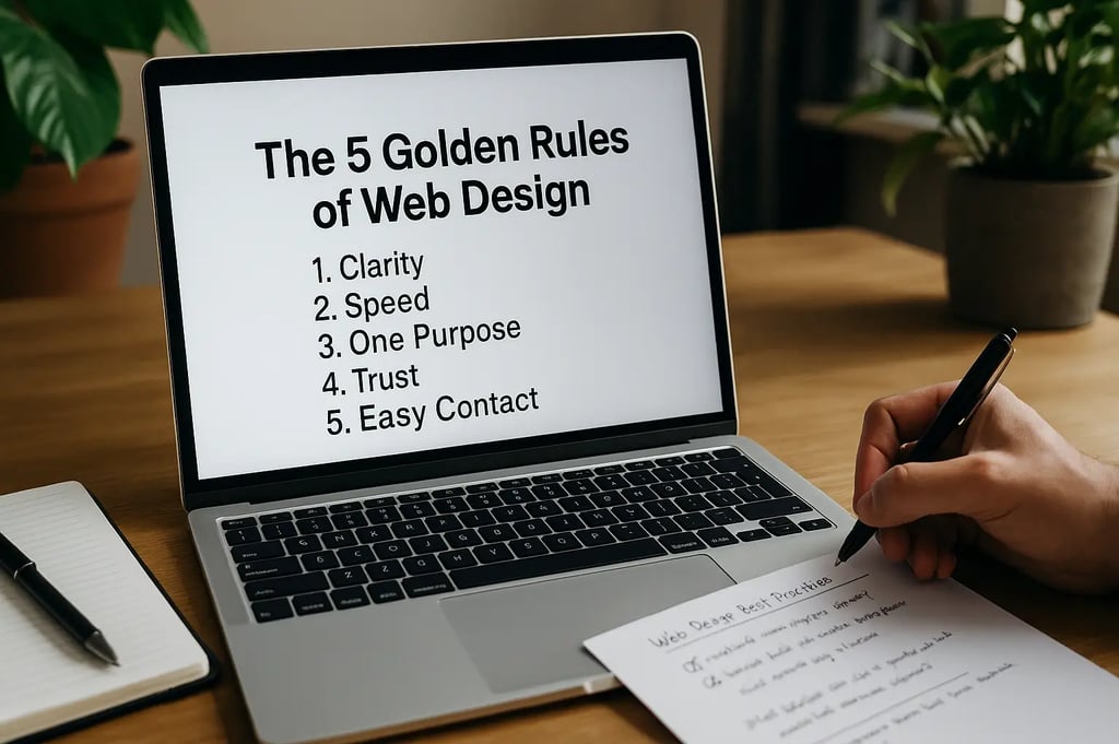 Laptop showing the 5 golden rules of web design on a desk