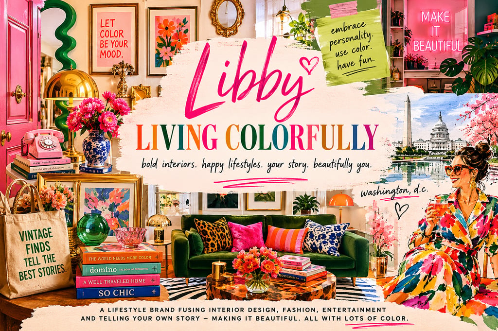 Vibrant maximalist interior design mood board featuring colorful home decor, pink accents, and a green velvet sofa.
