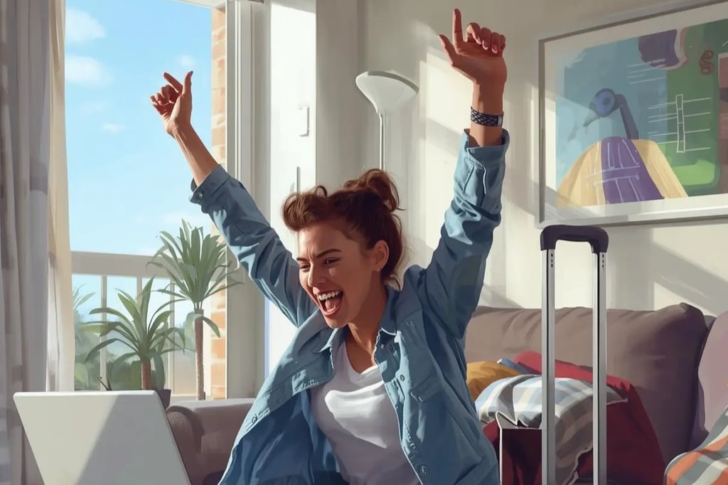 Excited young woman celebrating with arms raised in bright hotel room with luggage and ocean view
